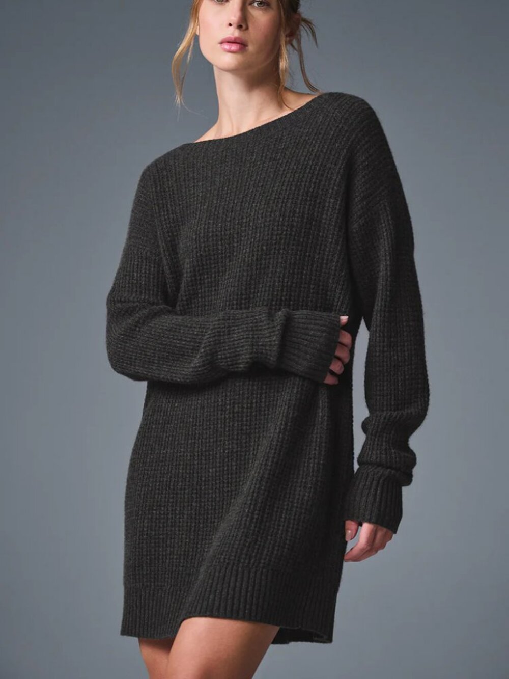 Alo Yoga Cashmere Plush Waffle Sweater Dress Dark Heather Grey size large NWT
